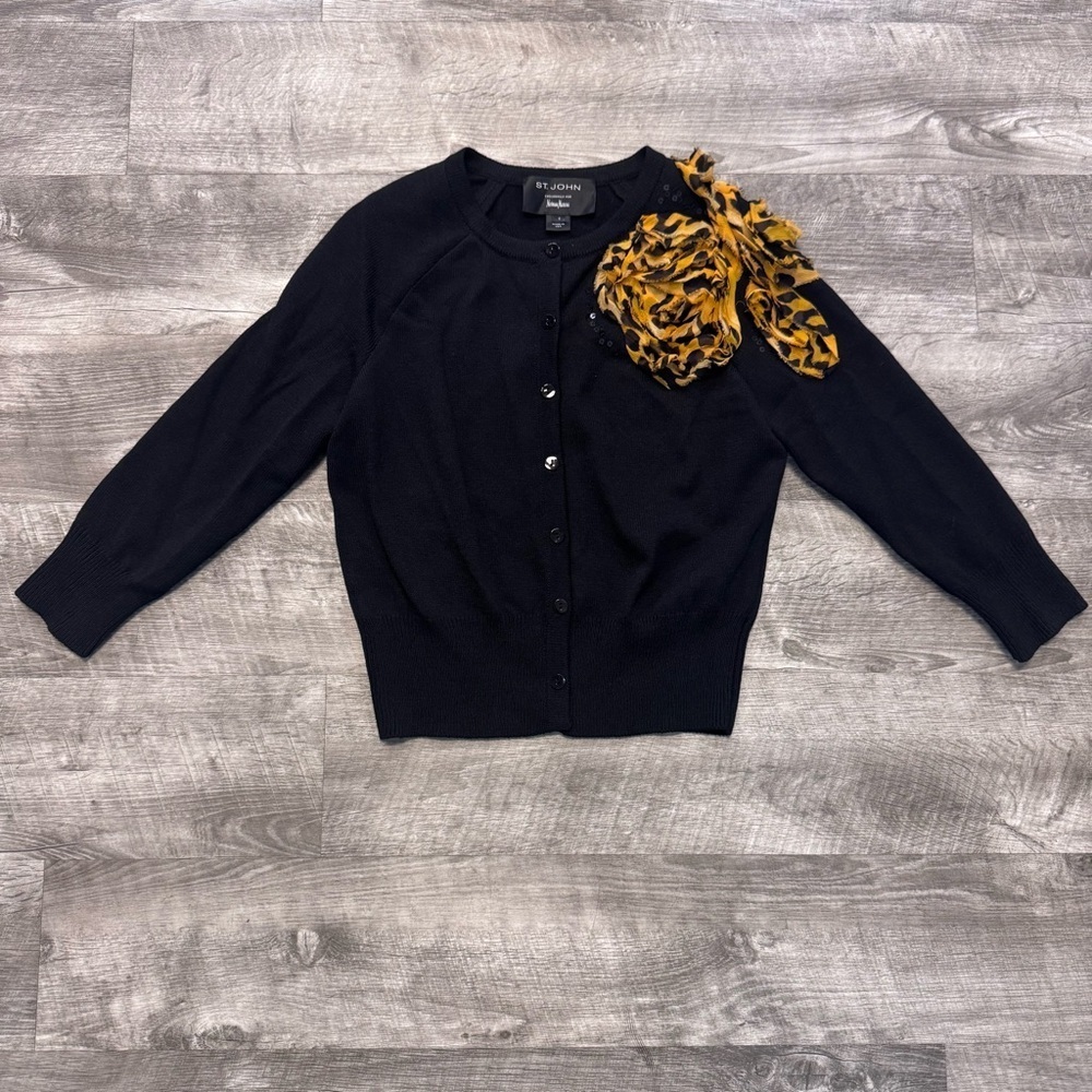 St. John Nieman Marcus 3D Floral Animal Print Black Cardigan Womens Sz. 2